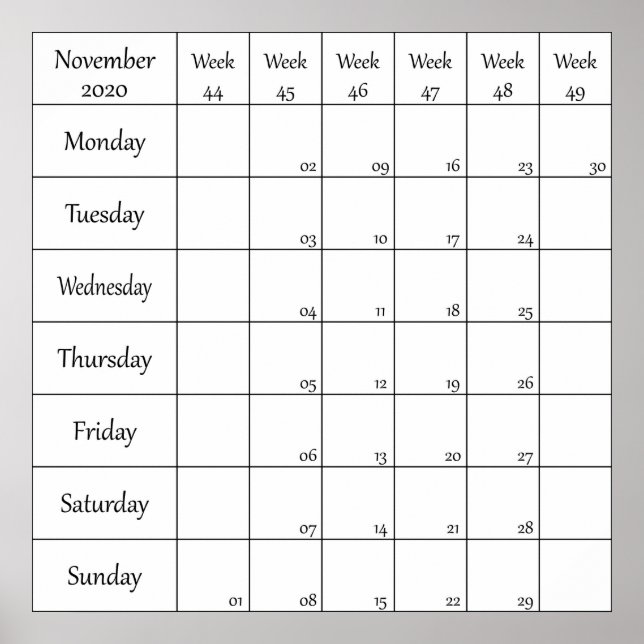 Poster calendrier planificateur novembre 2020 avec numéro (Devant)