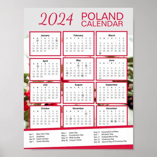 Poster Calendrier Pologne 2024 avec fêtes polonaises Télé (Devant)