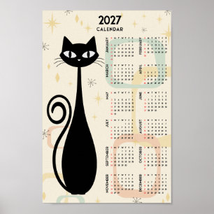 Poster Calendrier rétro atomique 2027 Chat noir milieu du