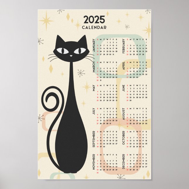 Poster Calendrier rétro atomique chat noir milieu de sièc (Devant)