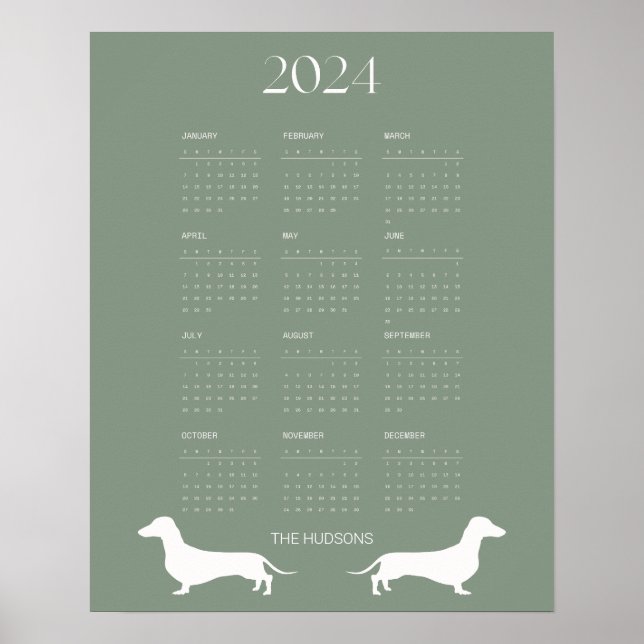 Poster Calendrier Silhouette 2024 Sage Dachshund (Devant)