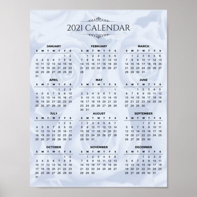 Poster Calendrier simple 2021 sur la florale blanche | Po (Devant)