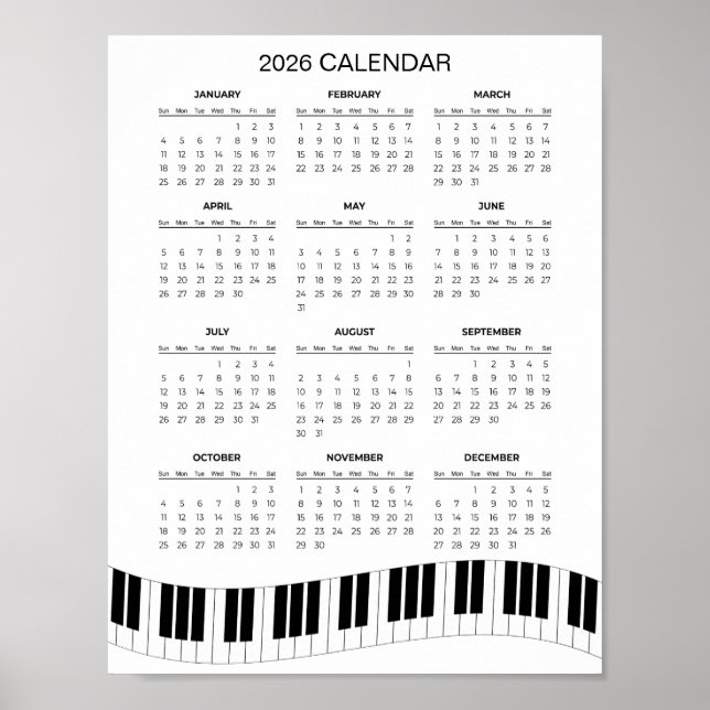 Poster Calendrier simple 2026 avec touches de piano |  (Devant)
