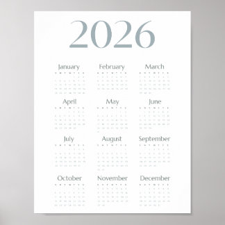 Poster Calendrier simple bleu-gris moderne 2026 sur une p