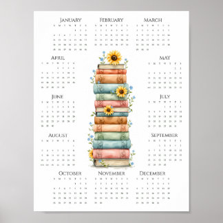 Poster Calendrier sur une page pour 2026 Livres empilés e