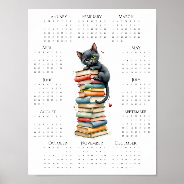 Poster Calendrier une page 2026 avec chat noir et livres (Devant)