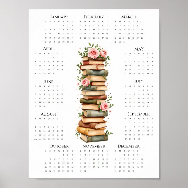 Poster Calendrier une page 2026 Livres anciens et roses r (Devant)