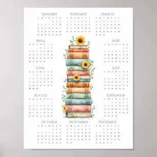 Poster Calendrier une page 2026 Livres empilés Bleu clair