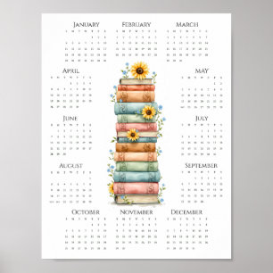 Poster Calendrier une page 2026 Livres empilés et tournes