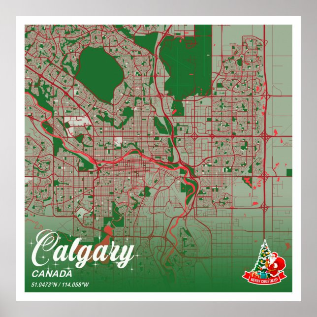 Poster Calgary - Carte de la ville de Noël du Canada (Devant)