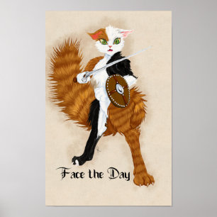 Poster Calico Cat Guerrier Grimalkin avec épée et Bouclie