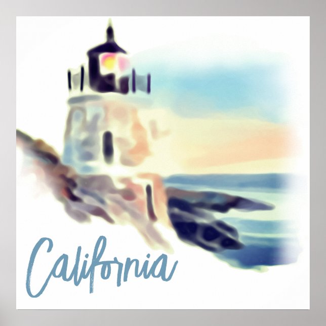 Poster California Lighthouse Sunset Painting Fine Art (Devant)