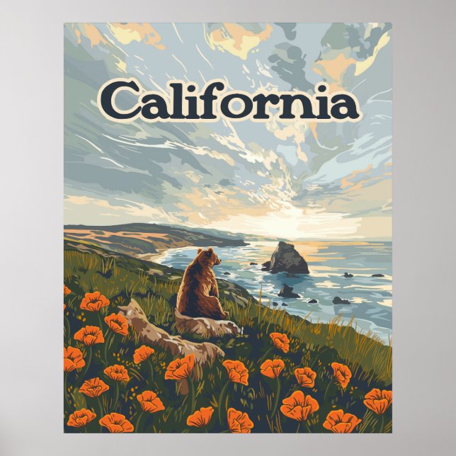 Poster Californie Bear Poppies Fleurs Côte Retro (Devant)