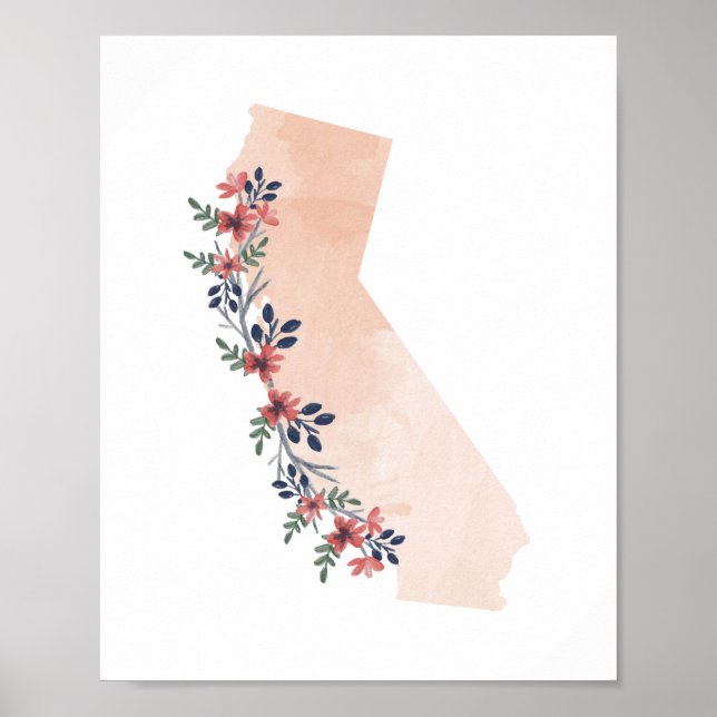 Poster Californie Floral Watercolor State (Devant)