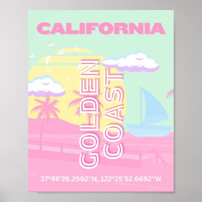 Poster Californie, Plage, Travel Art, Preppy (Devant)