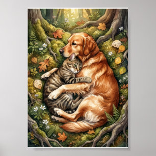 Poster Câlins de chien et de chat Forêt Compagnonnage de