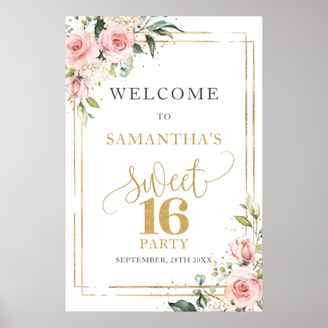 Poster Calligraphie Blush et or 16e anniversaire bienvenu (Devant)