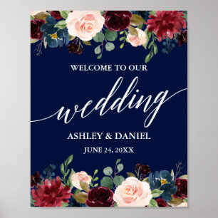 Poster Calligraphie Bourgogne Floral Bleu Mariage Bienven