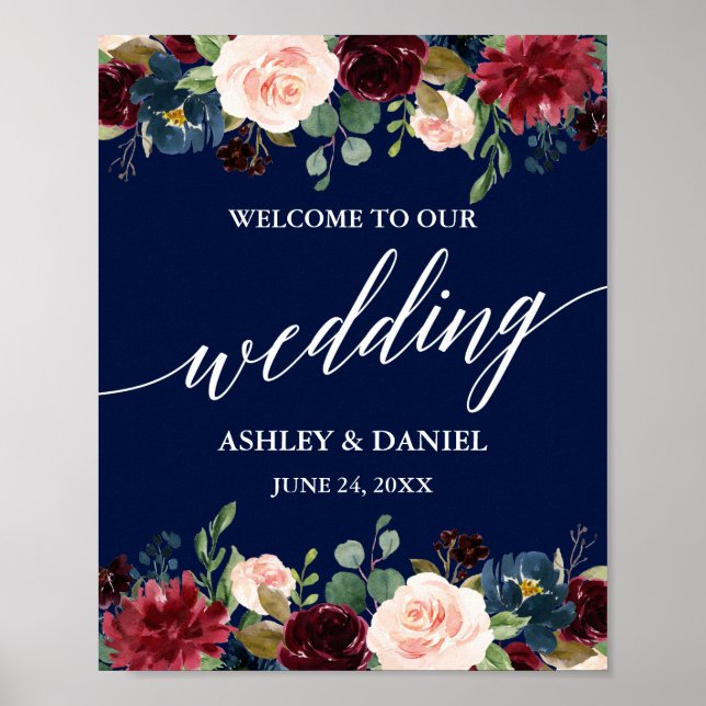 Poster Calligraphie Bourgogne Floral Bleu Mariage Bienven (Devant)