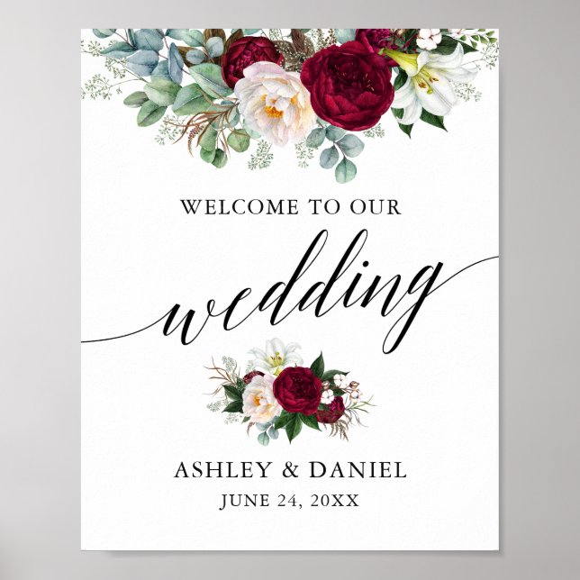 Poster Calligraphie Bourgogne Floral Mariage Bienvenue (Devant)