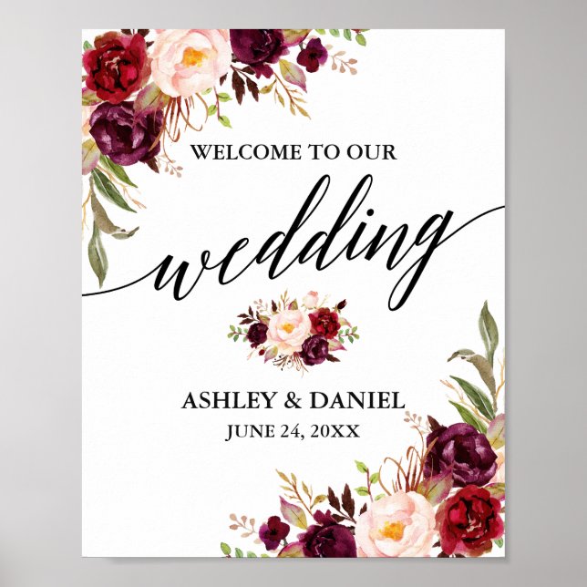 Poster Calligraphie Bourgogne Floral Mariage Bienvenue (Devant)
