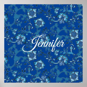 Poster Calligraphie Élégant Bleu Floral Nom Personnalisé