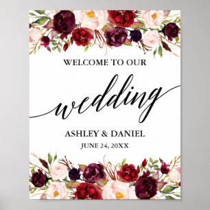 Poster Calligraphie Floral Bourgogne Mariage Bienvenue