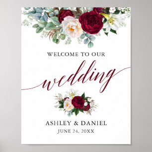 Poster Calligraphie Floral Bourgogne Mariage Bienvenue