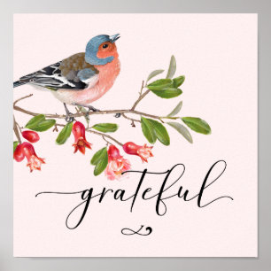 Poster Calligraphie Grateful Aquarelle Oiseau Fleur Rose