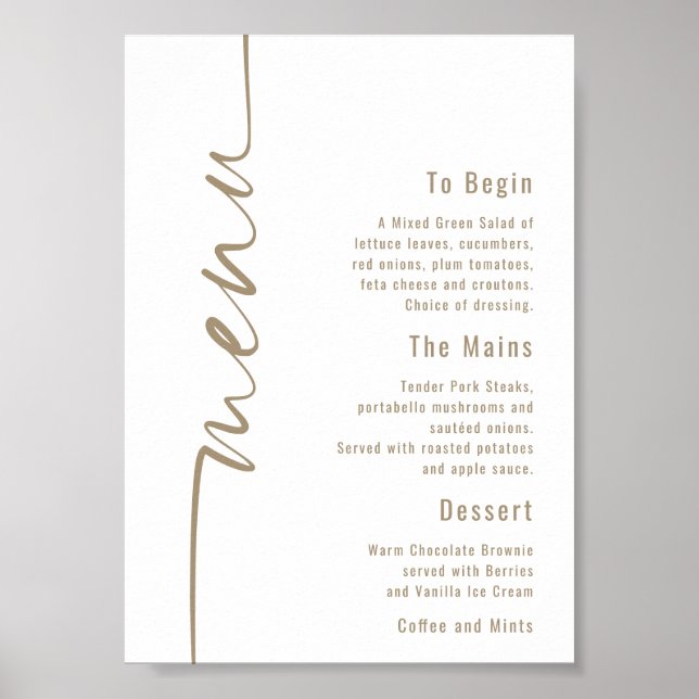 Poster Calligraphie Mariage Champagne Gold Menu (Devant)