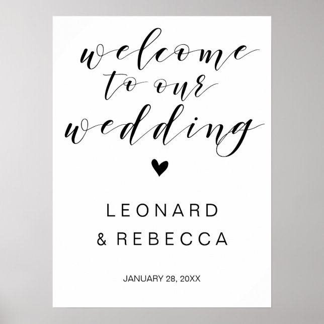 Poster Calligraphie mariage de bienvenue en noir et blanc (Devant)
