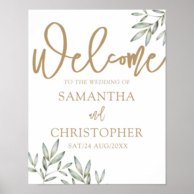 Poster Calligraphie Or Moderne & Mariage de Foliage Vert (Devant)
