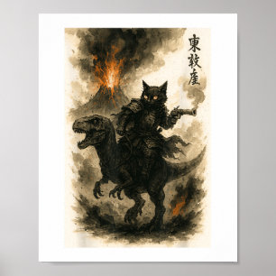 Poster Calligraphie Rétro Cat Dinosaure Éruption volcaniq