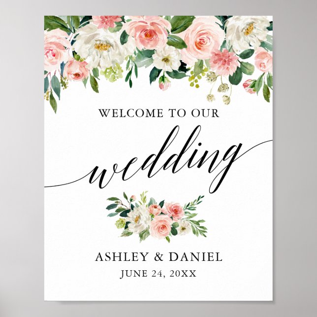 Poster Calligraphie Rose Blanc Floral Mariage Bienvenue (Devant)