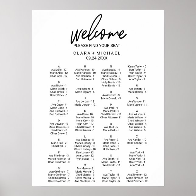 Poster Calligraphie Whimsical Diagramme de siège alphabét (Devant)
