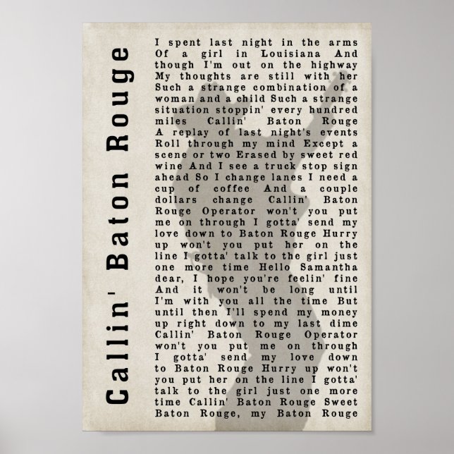 Poster Callin' Baton Rouge Chanson d'ombre Lyric Print (Devant)