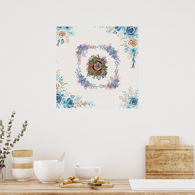 Poster Calme doux - Aquarelle Turquoise et rose (Cuisine)
