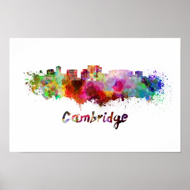 Poster Cambridge MA skyline in watercolor (Devant)