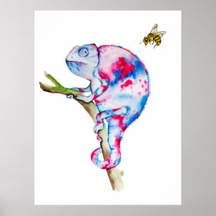 Poster Caméléon d'aquarelle et abeille colorés.