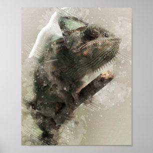 Poster caméléon tête gros aquarelle peinture à l'huile