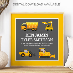 Poster Camion à benne excavatrice Construction Bébé Naiss