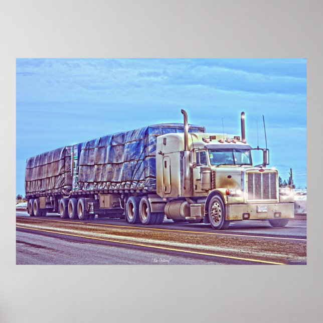 Poster Camion blanc de fret - art de camion et de route (Devant)