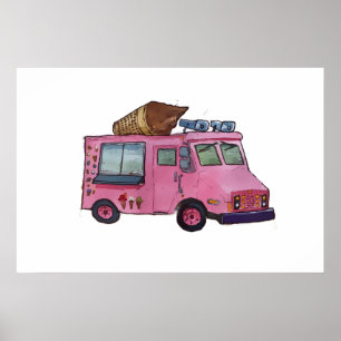 Poster Camion de glaces rose classique avec cône sur le d