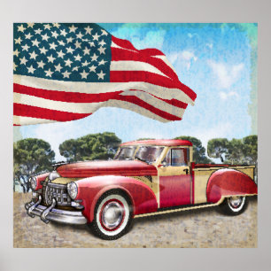 Poster Camion de ramassage rouge : Drapeau américain Vint