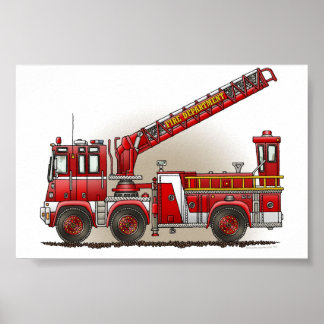 Poster Camion d'incendie à crochet et à échelle