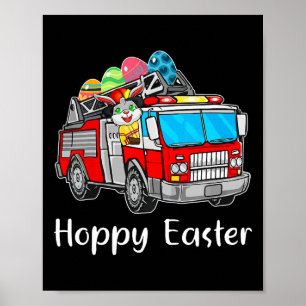 Poster Camion Pompier Jour de Pâques oeufs de lapin Joyeu
