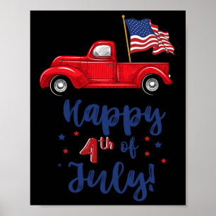 Poster Camion Rouge Avec Drapeau Américain Joyeux 4 juill