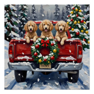 Poster Camion rouge de Noël Caniche Vacances