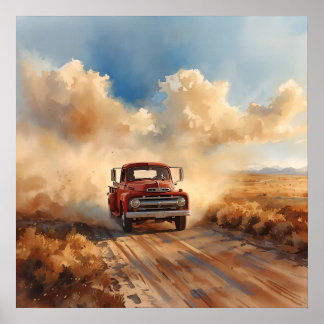 Poster Camion Rouge Vintage Traversant un Paysage Déserti