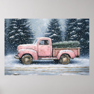 Poster Camion Vintage rose qui monte un arbre de Noël